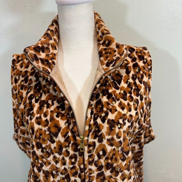 Quacker Factory Brown Leopard Print Quilted Sequin Lined Large Vest Glamour - Picture 8 of 13